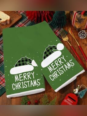 Merry Christmas Kitchen Dish Towels Green Buffalo Plaid Santa Hat 2pc Set NEW